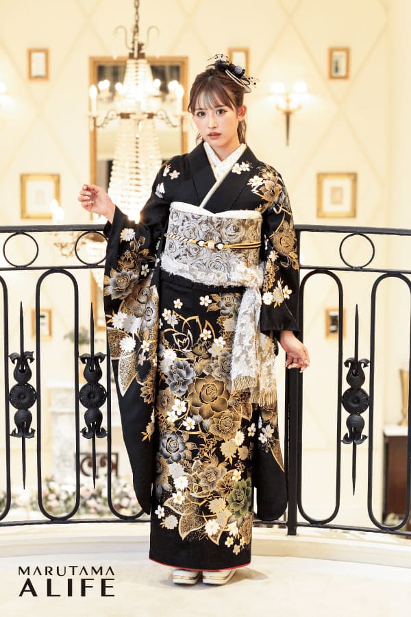 成人式振袖ブラック黒ラメ絞り金ゴールド豪華セット