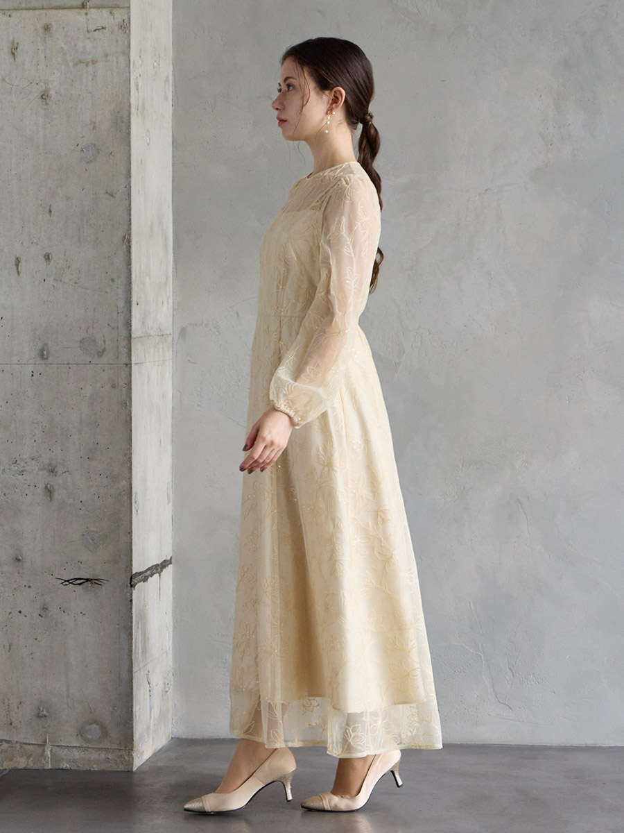 スパンコールフラワー刺繍ロングスリーブドレス(S ブラウン): AIMER