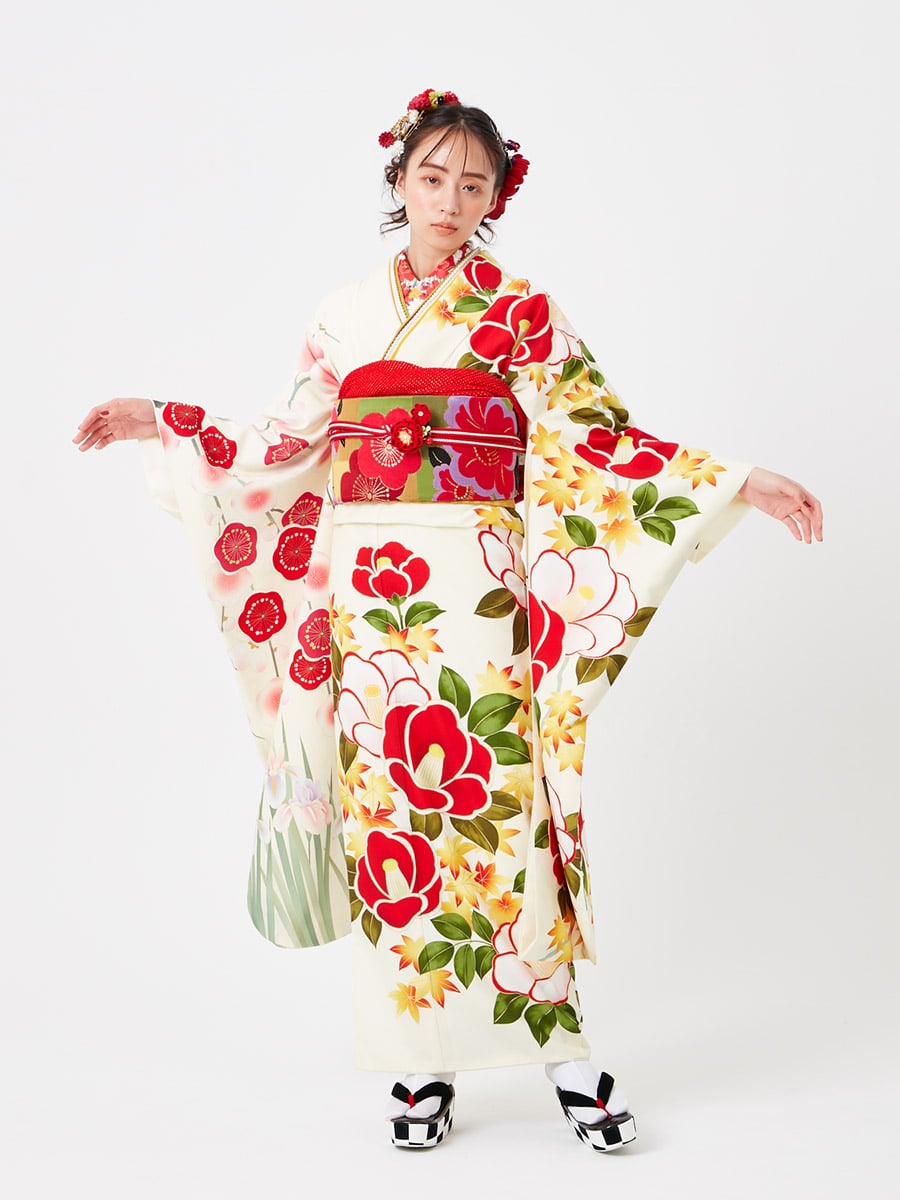 椿に松竹梅の上品な古典振袖フルセット 生成り 椿に松竹梅の