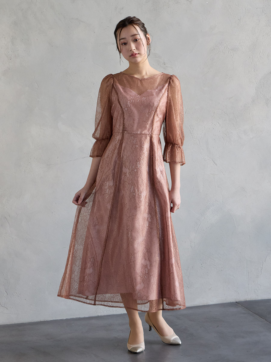 グリッターレースフィット&フレアドレス(S サーモンピンク): AIMER