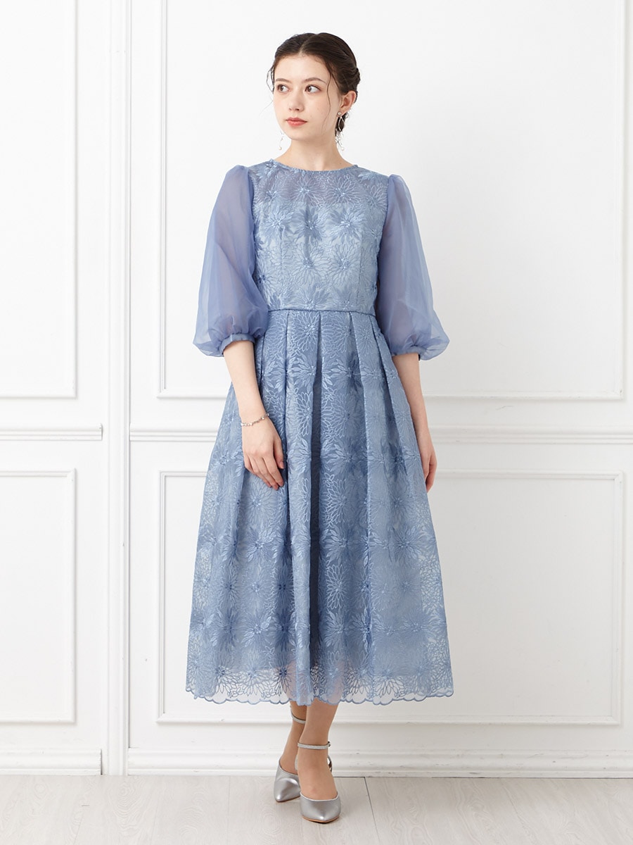 オーガンジー花柄刺繍ボリュームスリーブドレス(M スカイブルー