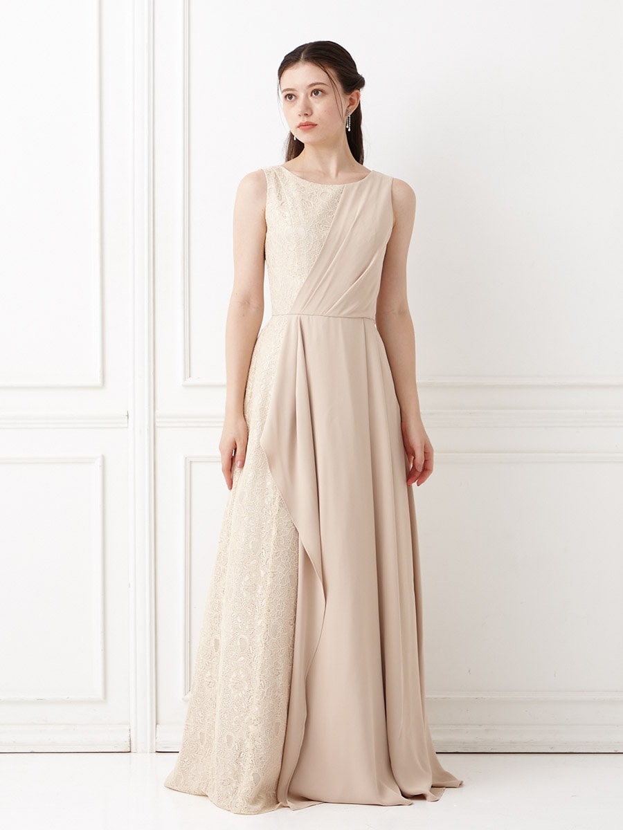 残りわずか】ジョーゼット×コードレースロングドレス(L ベージュ