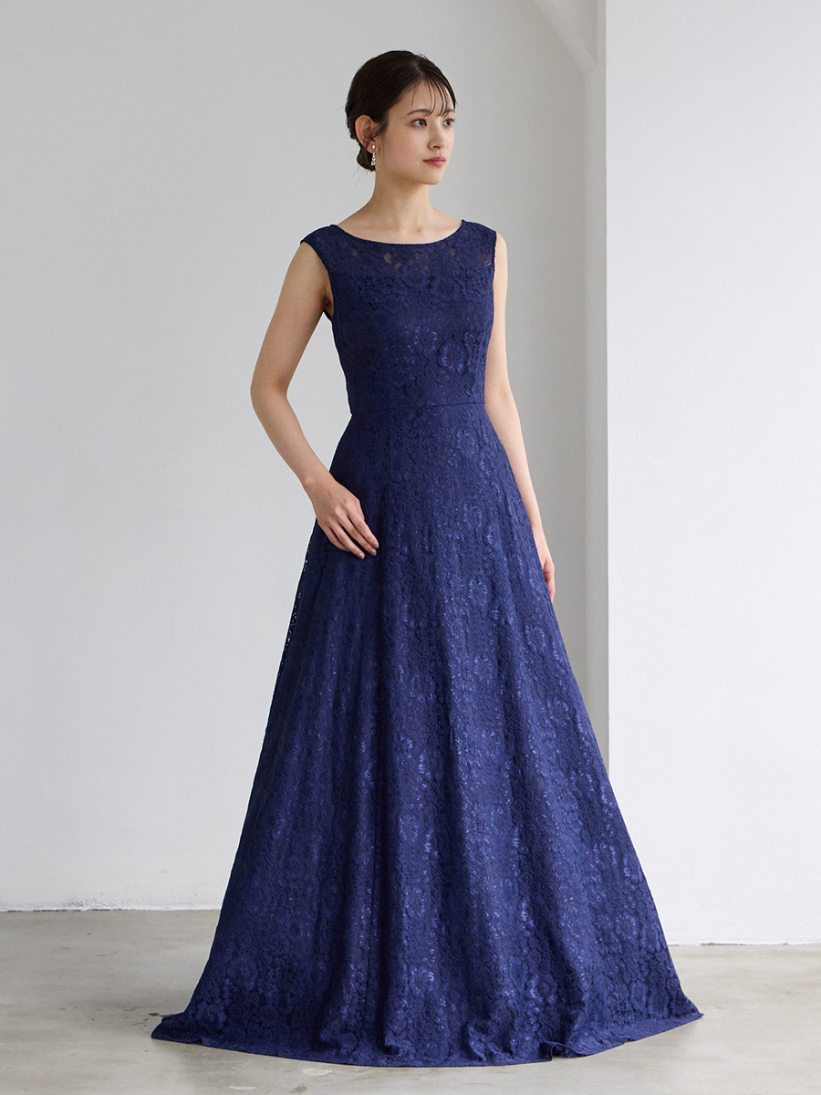 ネイビー レースロングドレス