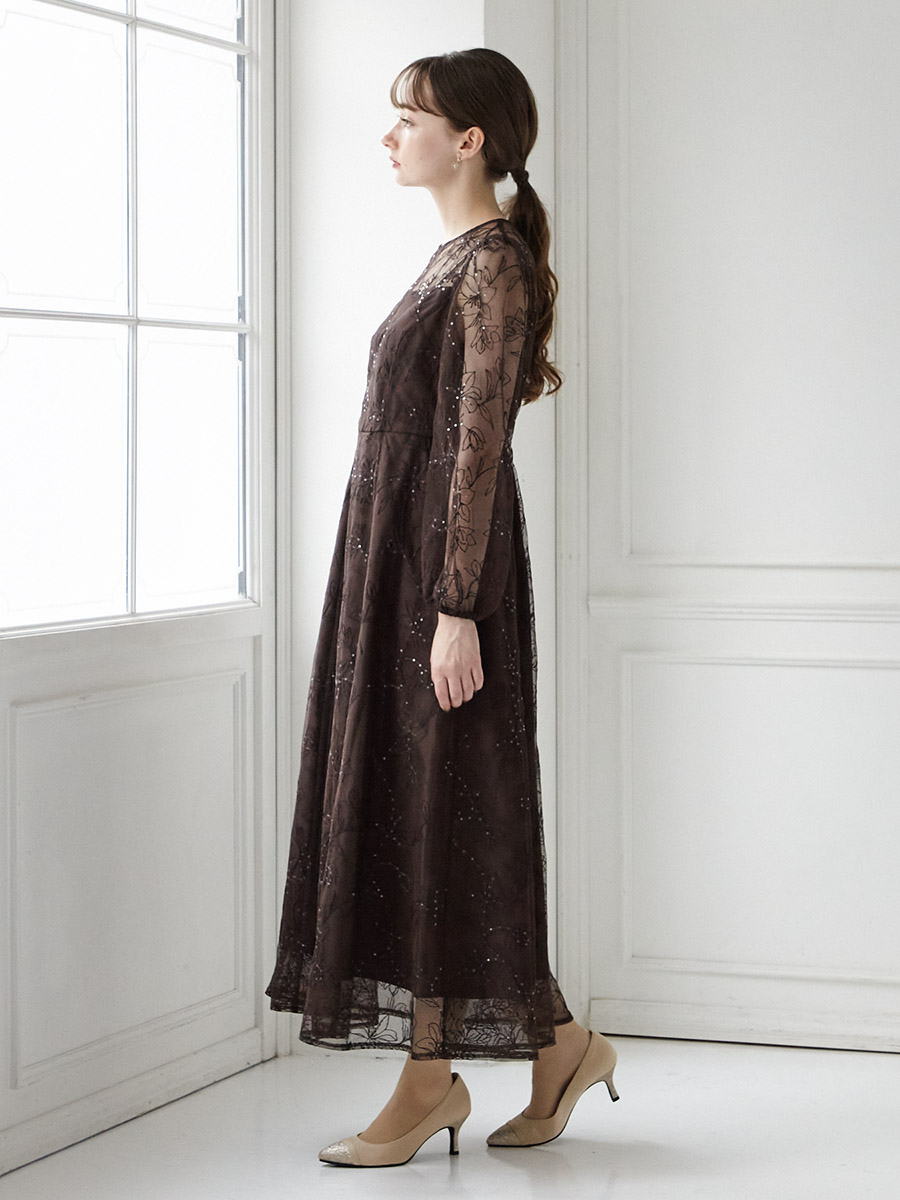 スパンコールフラワー刺繍ロングスリーブドレス(S ブラウン): AIMER