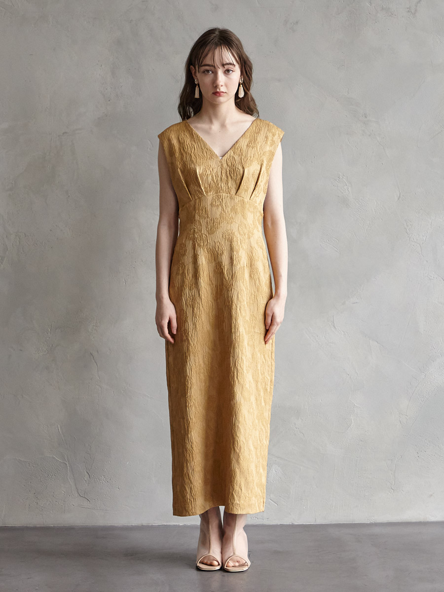 チュールブラウス付きジャカードIラインドレス(S イエローベージュ