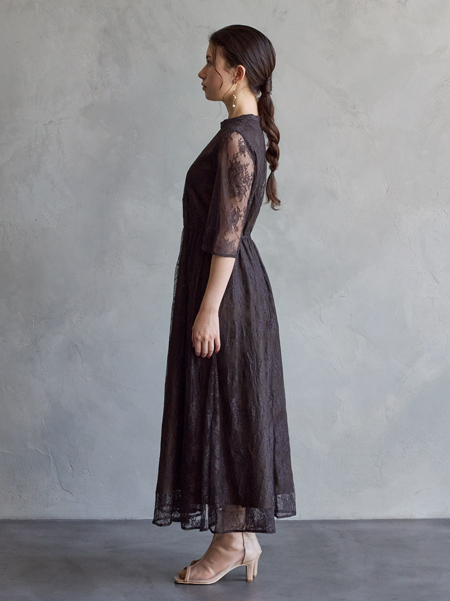 WEB限定】プチハイネック5分袖レースドレス(S ブラウン): AIMER | エメ