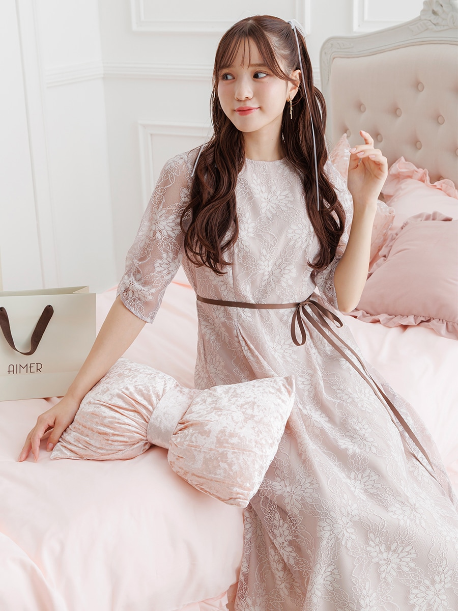 サテンリボンベルトラメレースドレス(S ピンクベージュ): AIMER | エメ