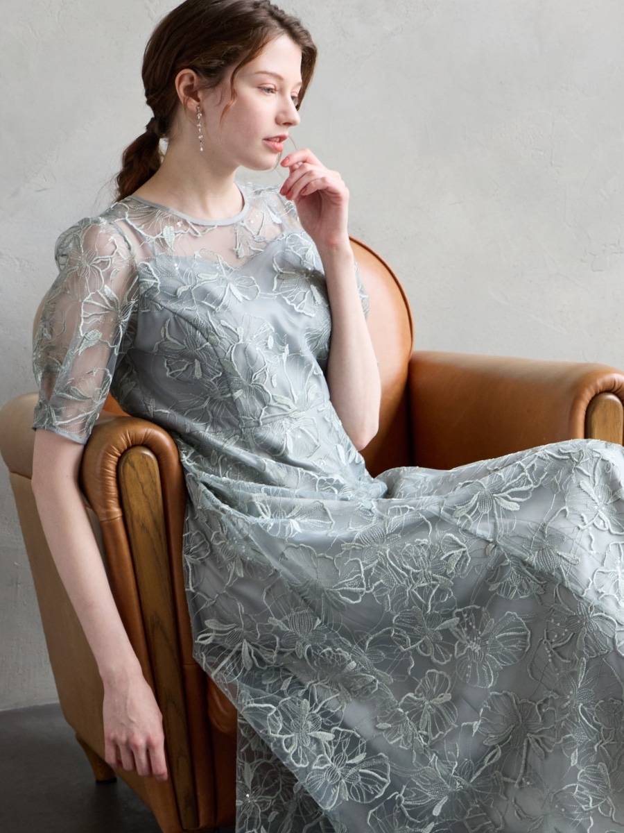 ビオラモチーフスパンコール刺繍バックシャンドレス(S グリーン