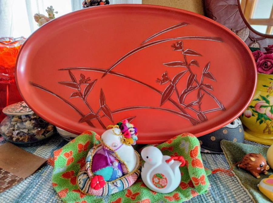 鎌倉彫 博古堂 大型 11寸 35.5㎝ 柿モチーフ 丸皿・丸盆 鎌倉彫り