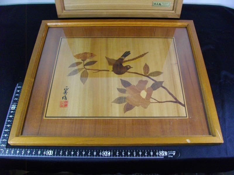 箱根 寄木細工 貞人 木象嵌 梅に鶯 木画 額装 無垢材 伝統工芸