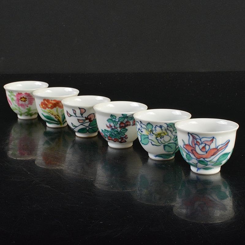 京焼 平安七甫作 色絵 模様絵変わり 花文 玉露碗 六客 共箱 M R6838