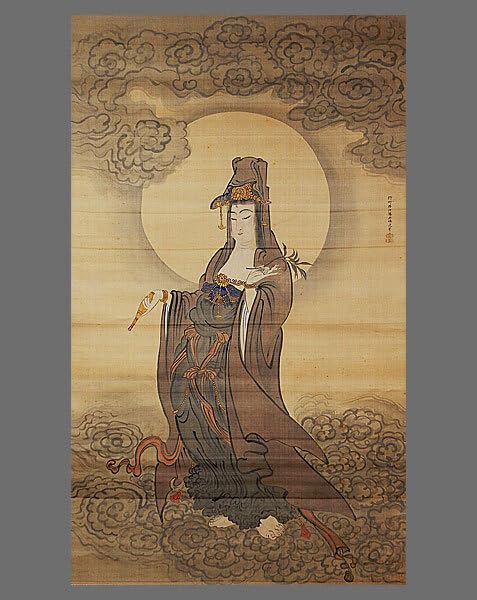 宏斎画肉筆画 紙本掛軸 【 雲上観音図 】 軸先仏具軸 良品桐箱付 宏斎