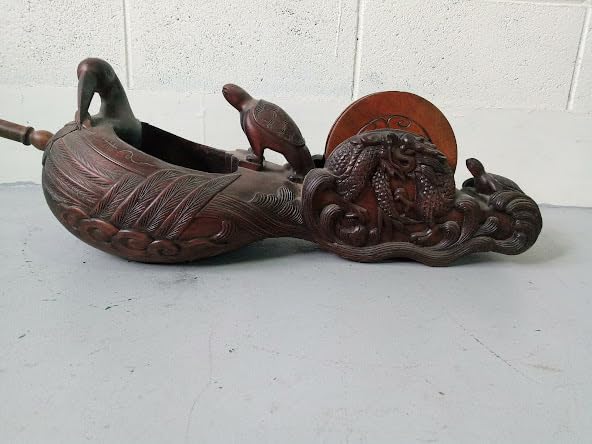 大型 彫辰作 鶴亀彫 親子亀 墨壺 墨つぼ 墨壷 置物 木製 在銘 大工道具