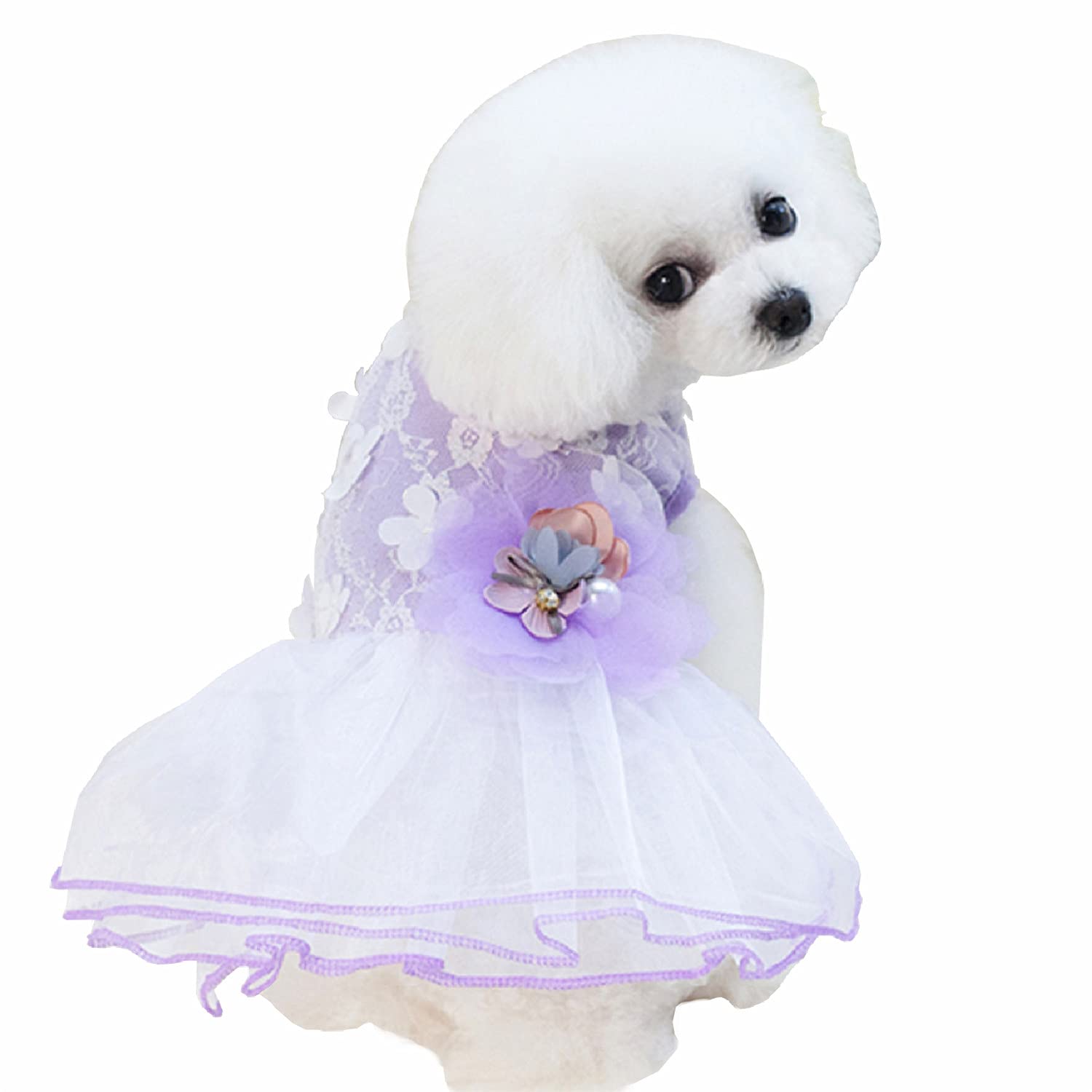 Lウェディングドレス パール花付チュールワンピース 犬の服犬服 わんこ