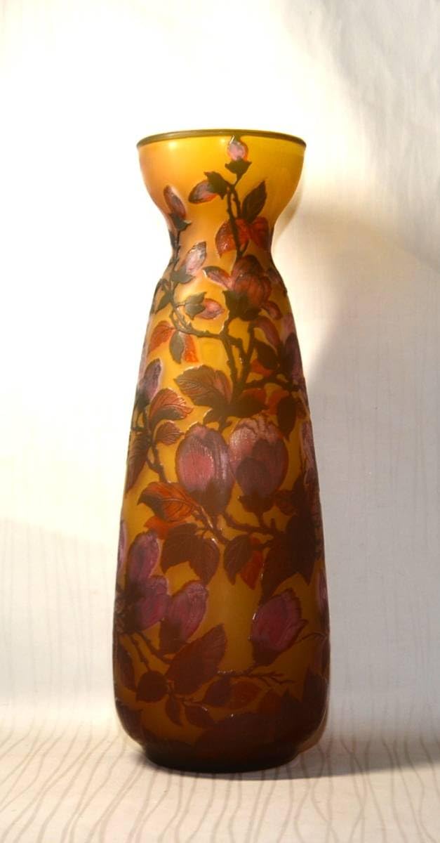 エミール ガレ風 特大 花瓶 被せガラス 森の中に小屋 高さ35cm 【公式