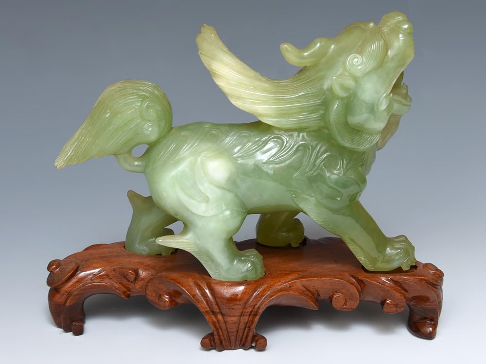 中国 玉石彫刻 神獣 紙鎮 置物 唐木台付 C R5414 【公式通販】