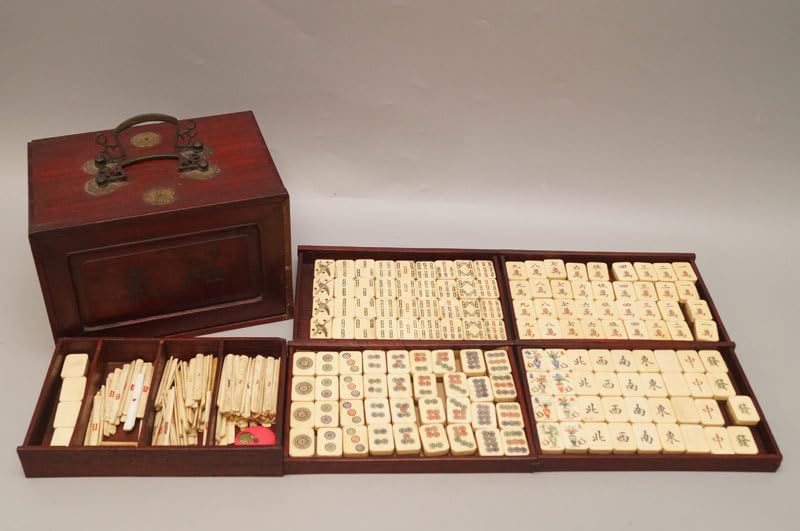 eyeknow74 中国 竹嵌縞黒檀牌背竹牌麻雀牌皮ケース付 M 8695 eyeknow74