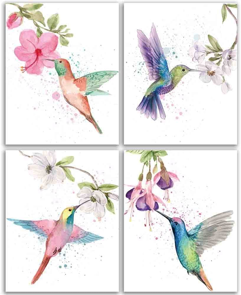 Amazon.co.jp: カラフル 鳥 花 枝 植物 アートプリント、4枚セット (8