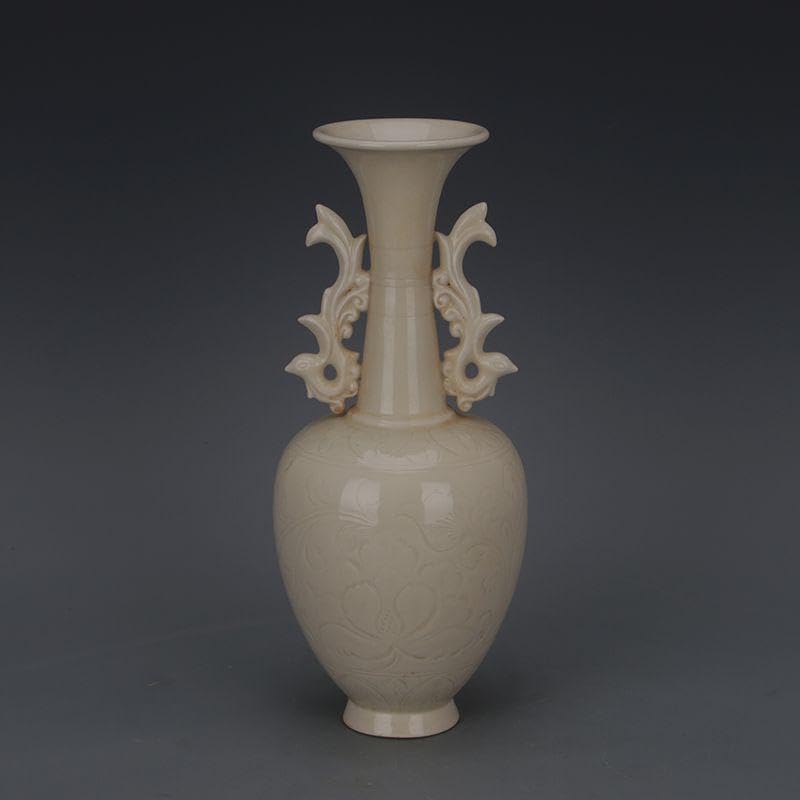 宋定窯刻花卉鼓釘両耳瓶 景徳鎮 陶磁器 装飾品 現代工芸品 美術品 置物