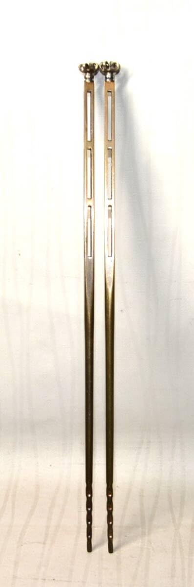 茶道具金工師木村清五郎造菊頭四方透かし飾火箸共布共箱V7391