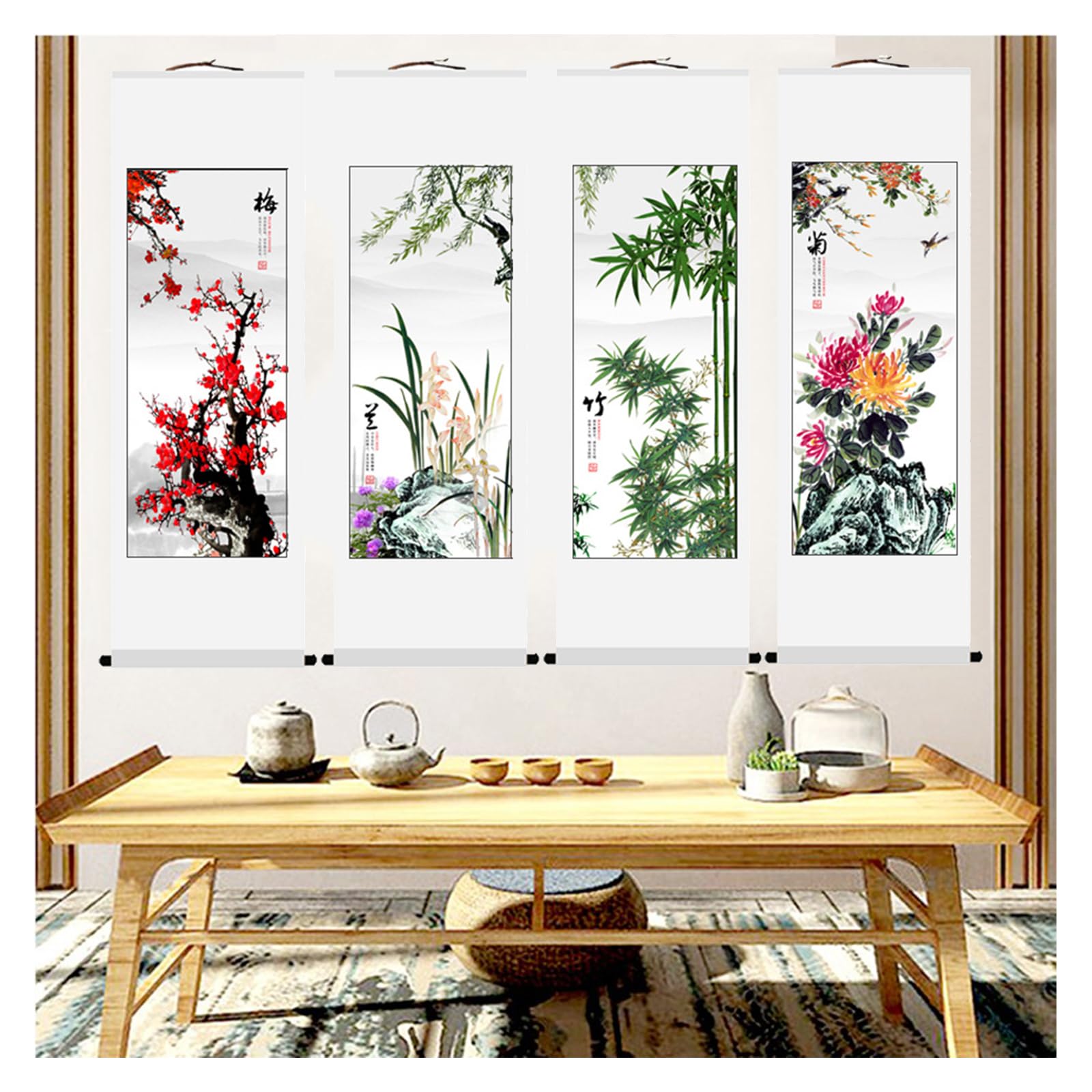 郑板桥「梅兰竹菊」掛軸 4条セット 四君子 水墨画 客間装飾 146×35cm