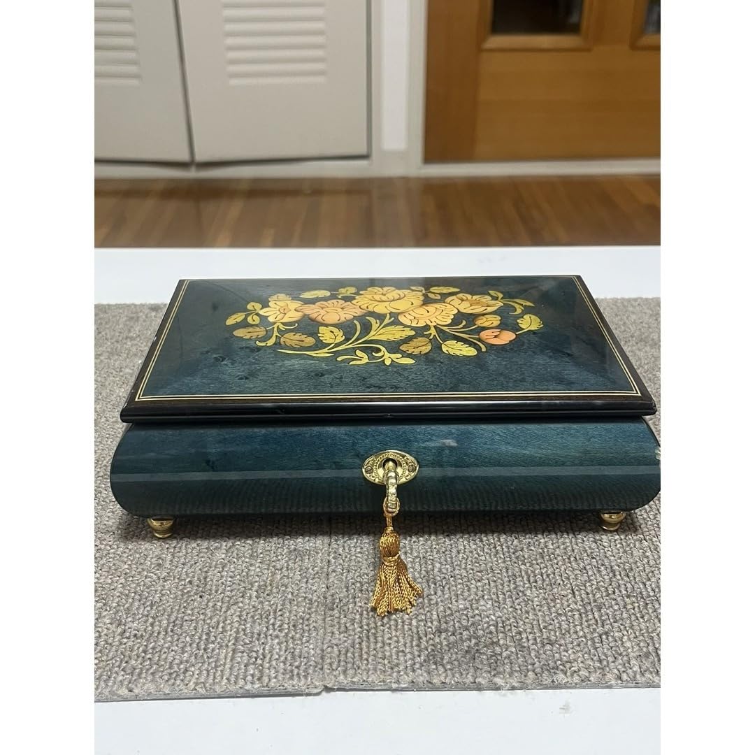 宝石箱 鍵付き イタリア製Romance スイス製REUGEオルゴール 花象嵌