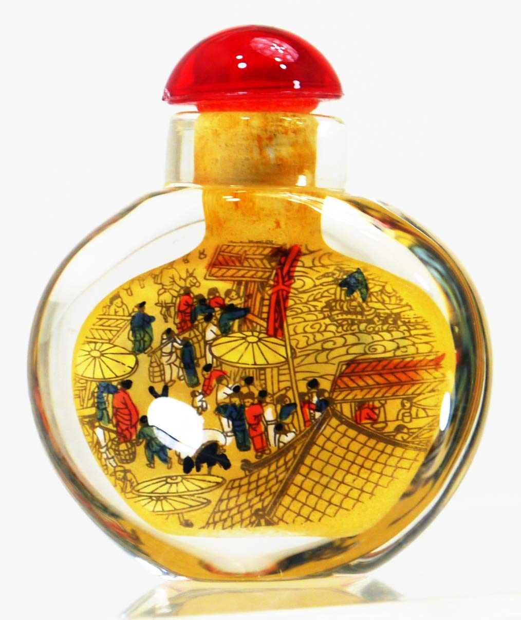 中国 清時代 硝子鼻煙壺 古玩 内絵龍文 角形精密 両面龍内絵図