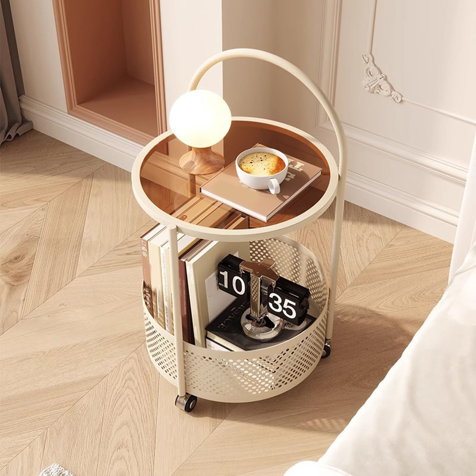 オーク材 木製 サイド テーブル 丸 収納 コーヒー ソファー 北欧