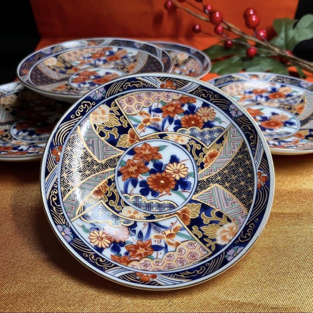 江戸後期 古伊万里 赤絵 金彩 菊 唐草文 向付 5客 膾皿 鉢 バラ売り可能