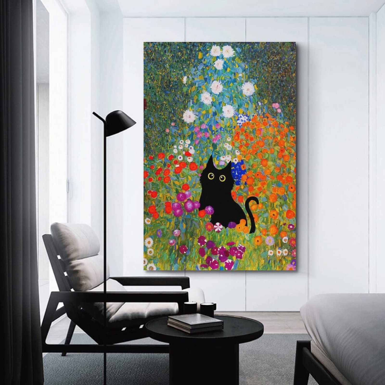 キャンバス油絵 専用 黒猫ガーデン 3 クリムト風フラワーガーデン