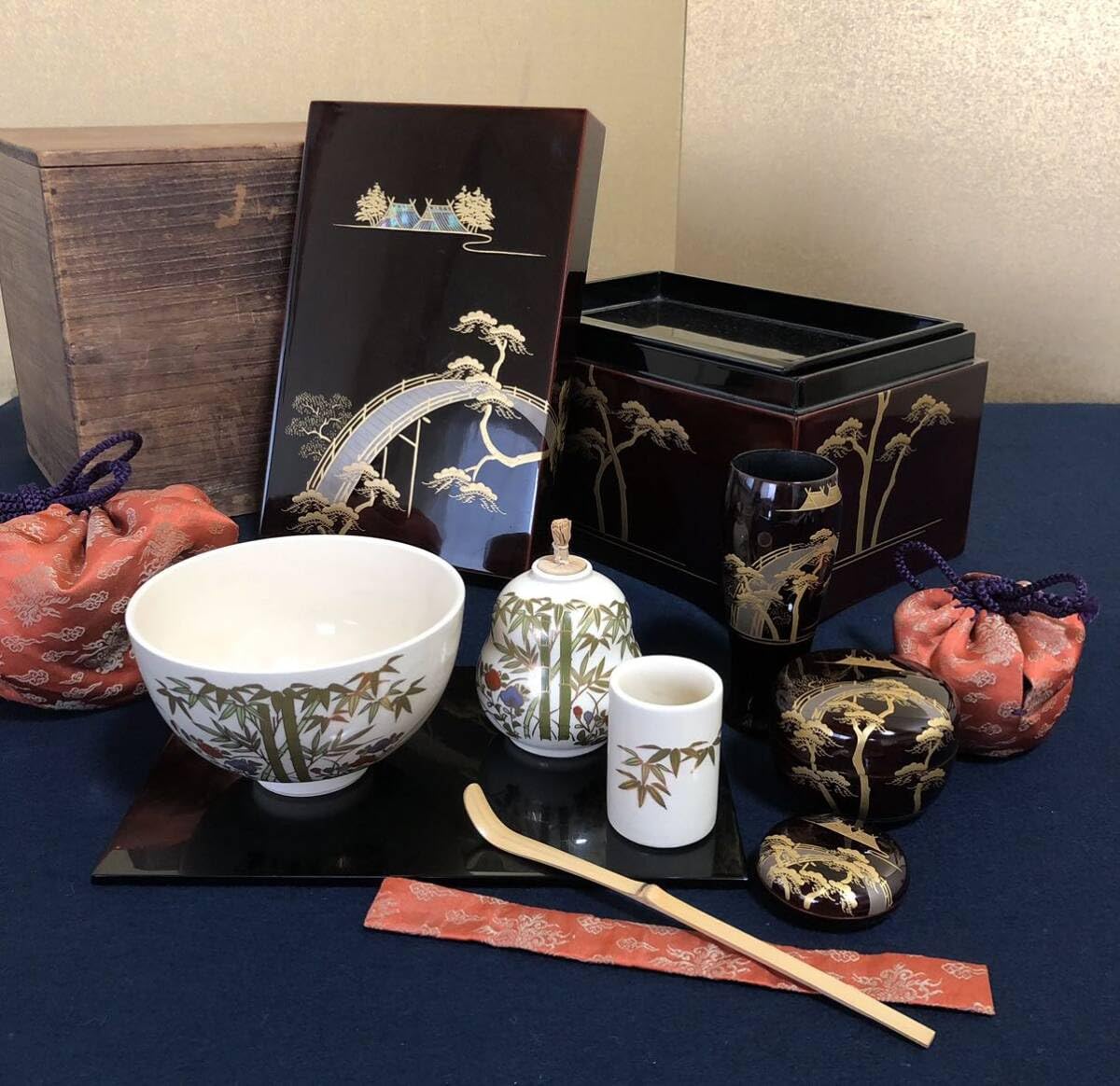 茶道具 お茶箱 Amazon.co.jp: 茶道具溜塗螺鈿蒔絵茶箱お茶道具7点