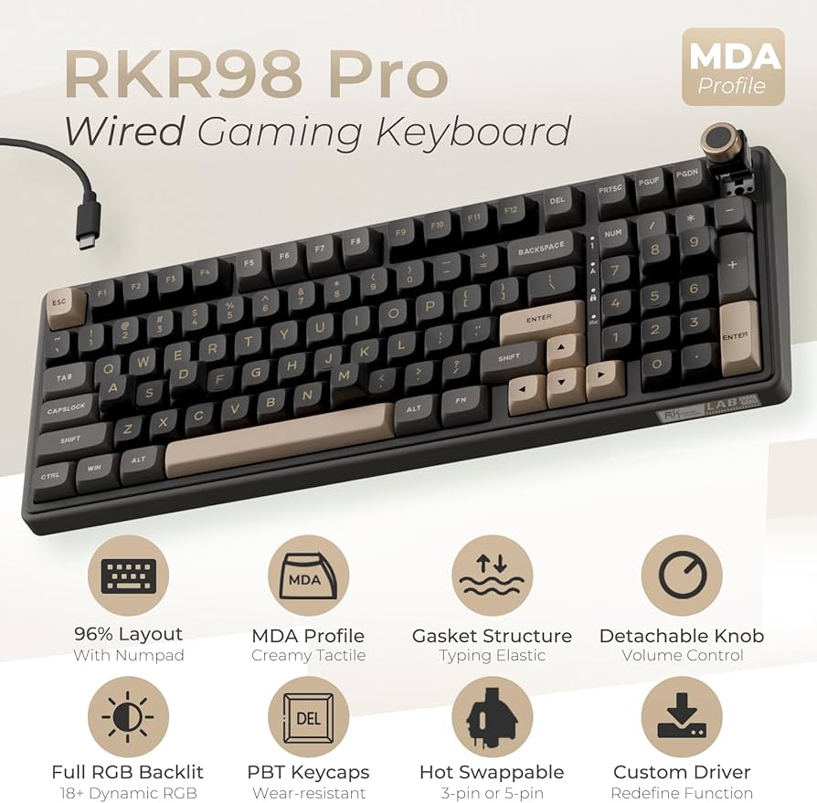 Amazon.com: RK ROYAL KLUDGE R98 Pro Wired Mechanical Keyboard, 96