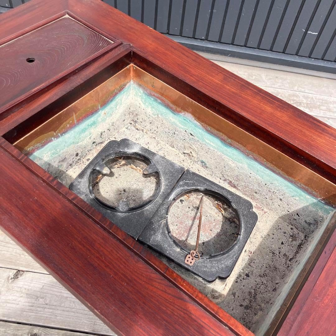 昭和レトロ 木製 長火鉢 3杯 引き出し収納付き 火鉢 五徳付き 囲炉裏