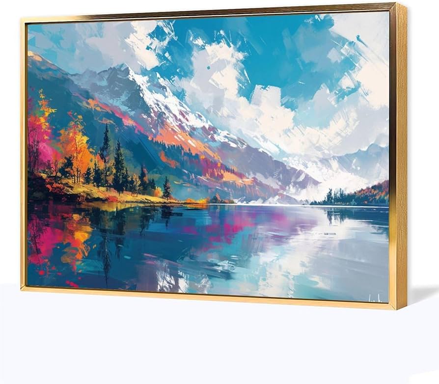 山と川の風景 油彩画 Amazon.co.jp: 絵画 春の山と川の
