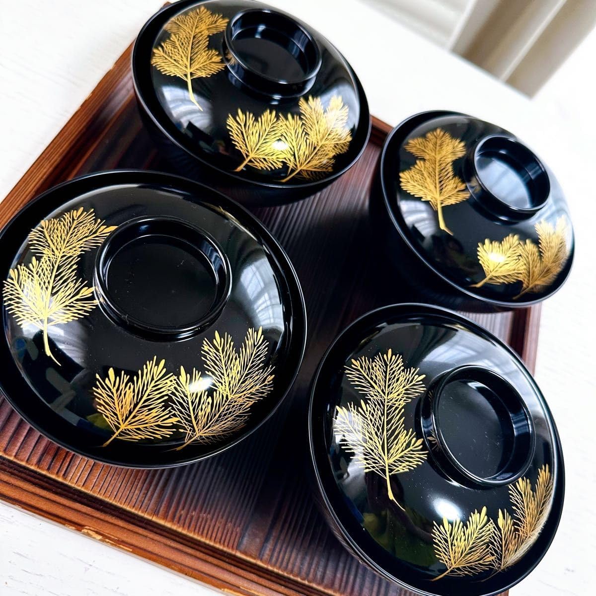 漆器輪島塗木製彫り牡丹文蒔絵蓋付椀汁椀5客時代物