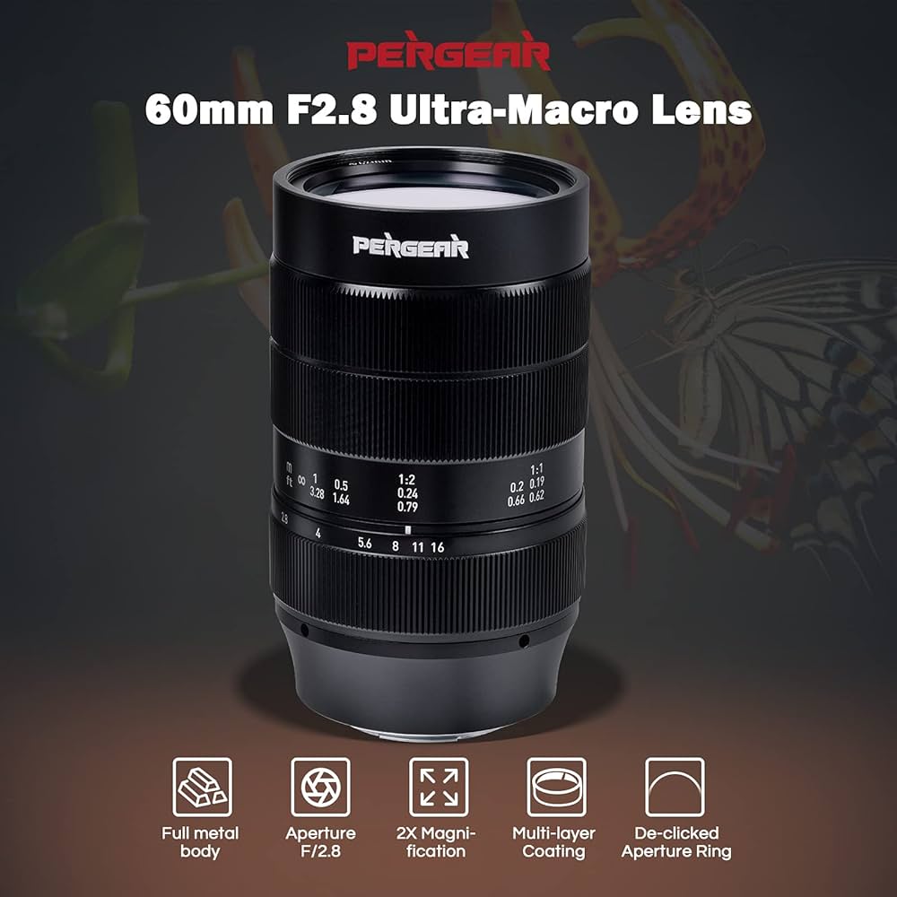 Amazon | PERGEAR 60mm F2.8 II マクロレンズ マニュアルフォーカス 2X