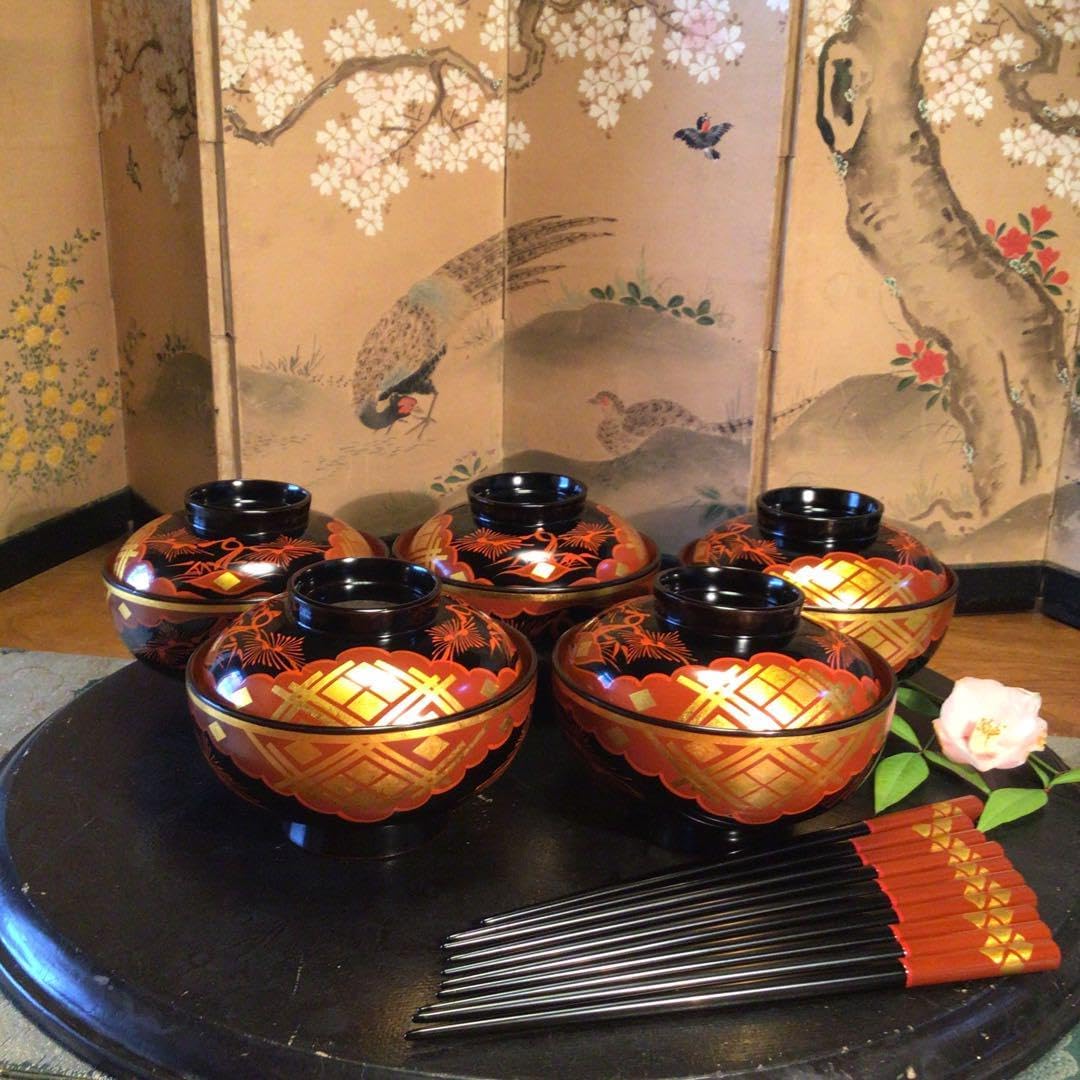 懐石道具 木製朱塗 箸洗 5客揃 竹蒔絵 内黒 竹形 未使用 懐石道具 竹形