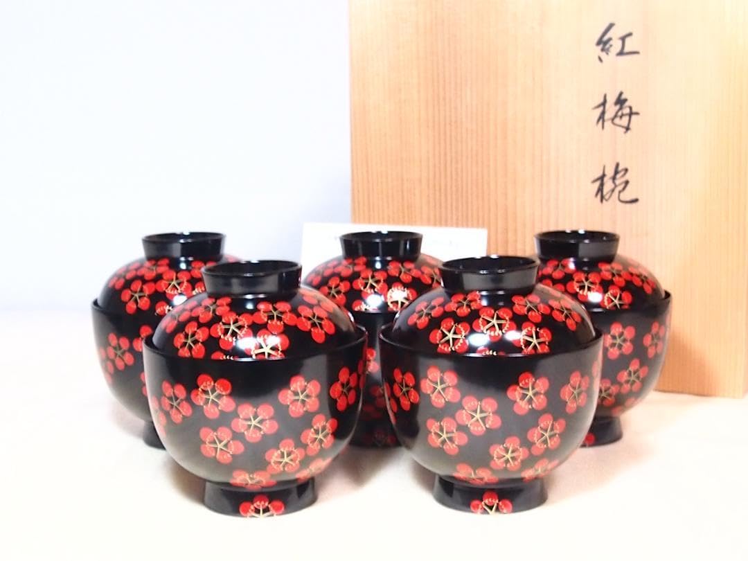 平安象彦 小吸物膳 蒔絵 折敷 五客 赤い漆器の膳 5枚