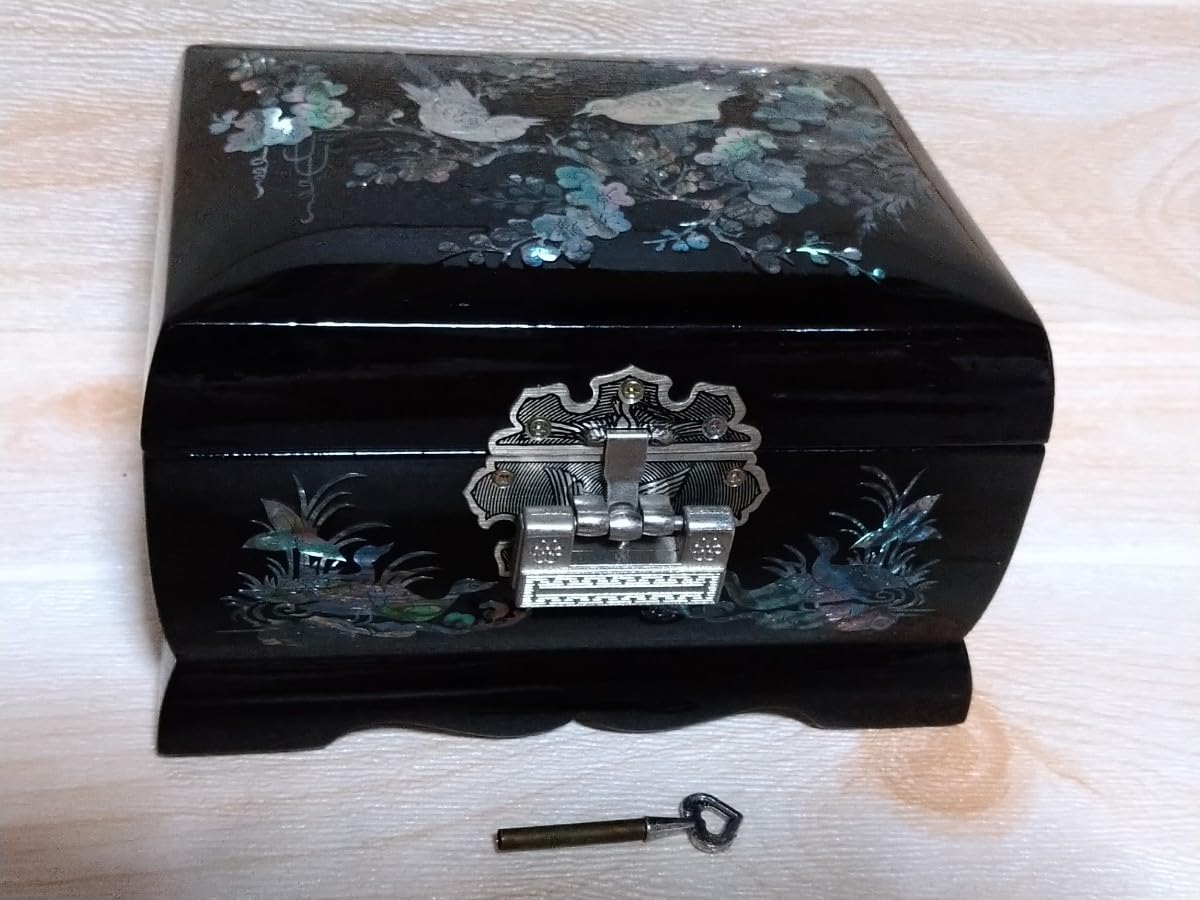 高級】螺鈿と黒漆◇ 宝石箱 ◇小物入れ◇鏡＆オルゴール付き【貝細工