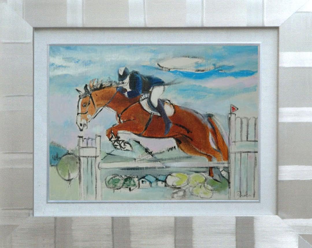 絵画額付 ( 青緑＋金色の枠) 油絵 F4-121712馬