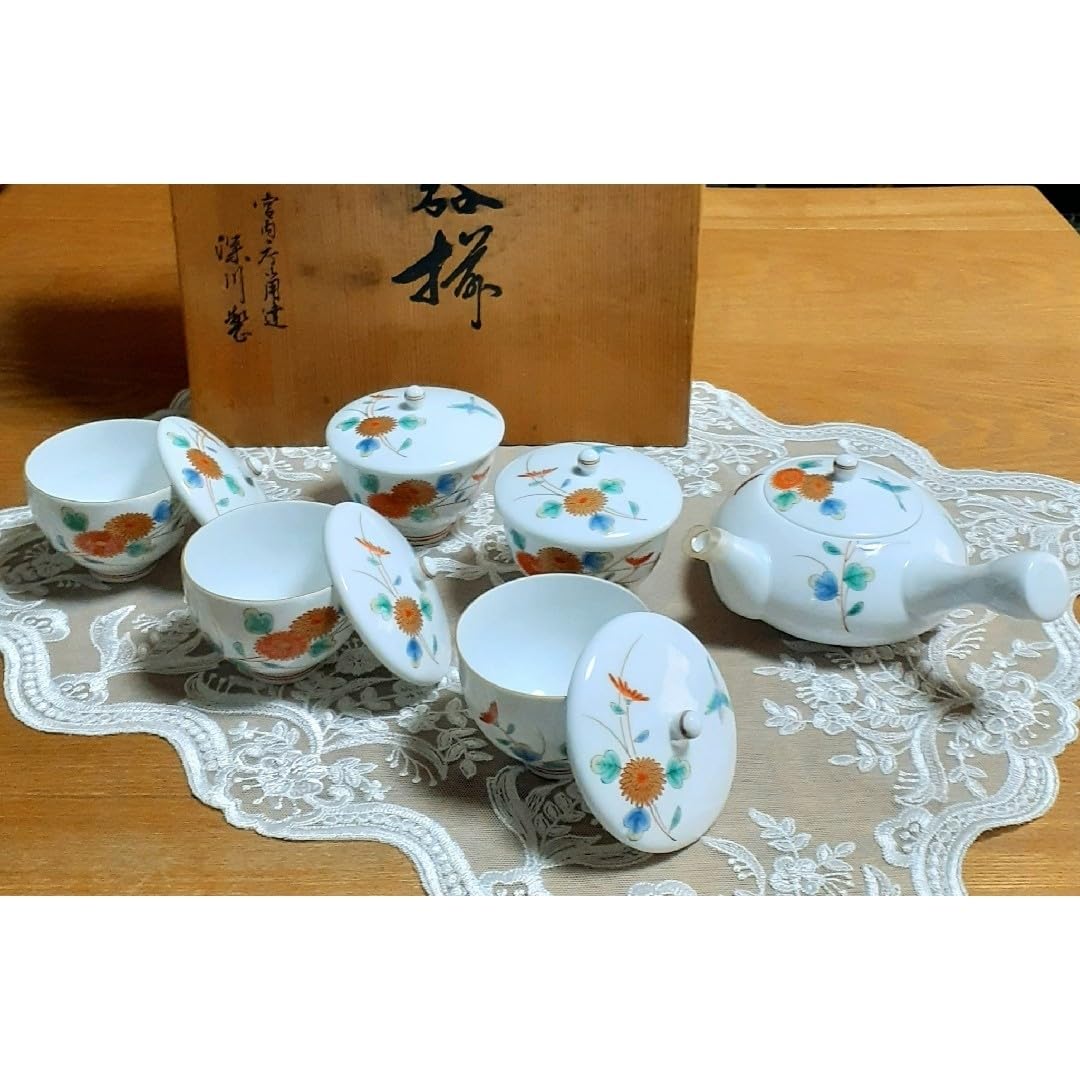 1702 深川製磁 菖蒲 茶器セット 急須1客 湯呑蓋付3客