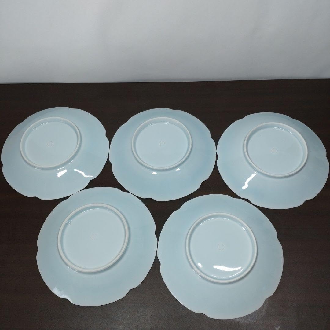 快山造 人間国宝 塚本快示 青白釉波彫文 五客 皿 共