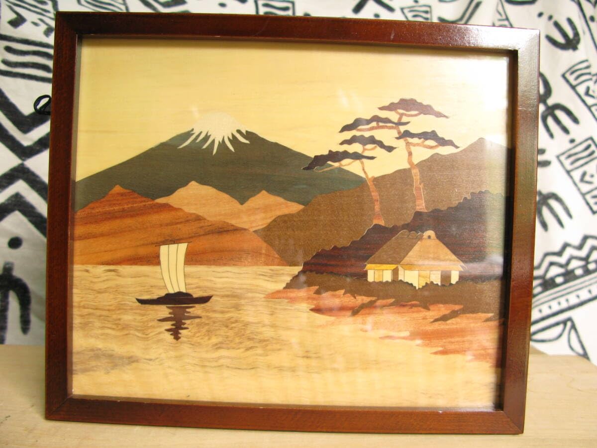 木画 正秀作 木象嵌 箱根寄木細工 山水画 浮世絵 絵画額装 木画 正秀作