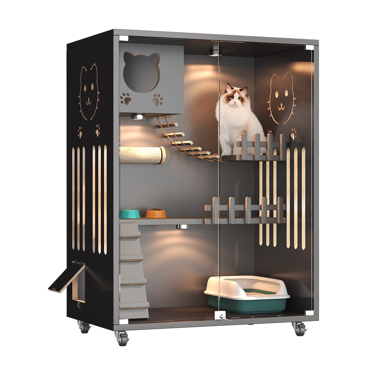 猫 ケージ 2段 木製 小型 窓付き ガラス扉 両開き ドア キャスター付き