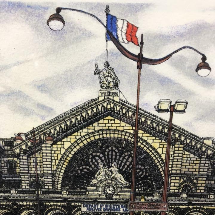 赤木曠次郎 「パリ東駅」 リトグラフ 作家サイン エディション入り 額