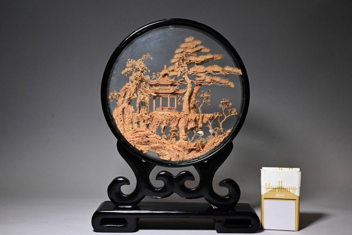 希少品】古代中国 刺繍 両面ガラス細工 唐木 古玩 骨董品 装飾品 山村