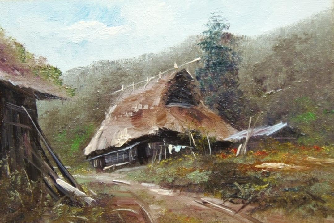 真作】絵画 油彩 雪嶺の見える村 茅葺き屋根と雪山風景 山岳風景画