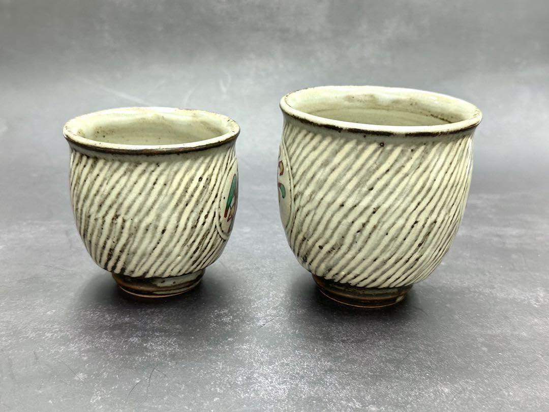 人間国宝 島岡達三 象嵌 夫婦湯呑 益子焼 共箱（D5964） 島岡達三 最上位