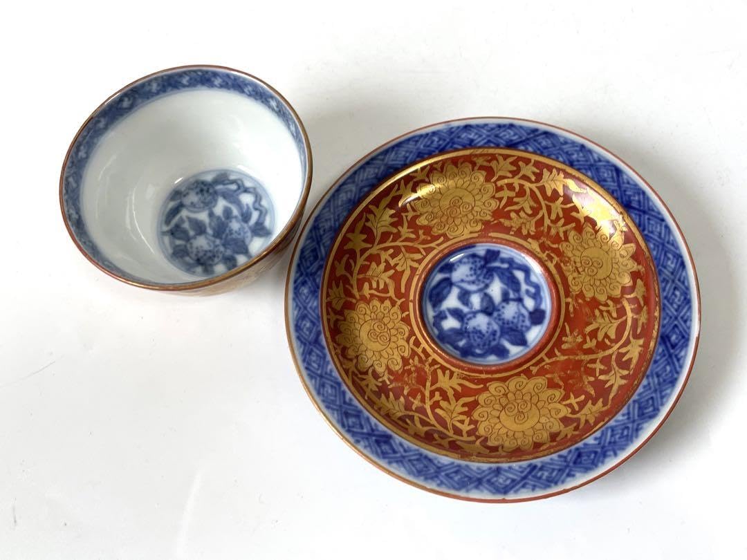 Amazon.co.jp: 陶芸家 作家物 須田菁華 青華 金襴手台付盃 煎茶碗 杯