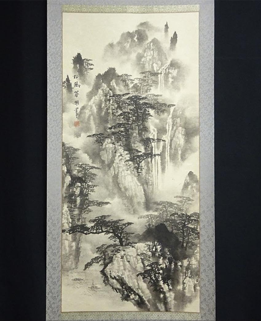 中国掛け軸「江寒汀作 山水図 紙本」肉筆保証 中国画家 唐物BD183A10-3